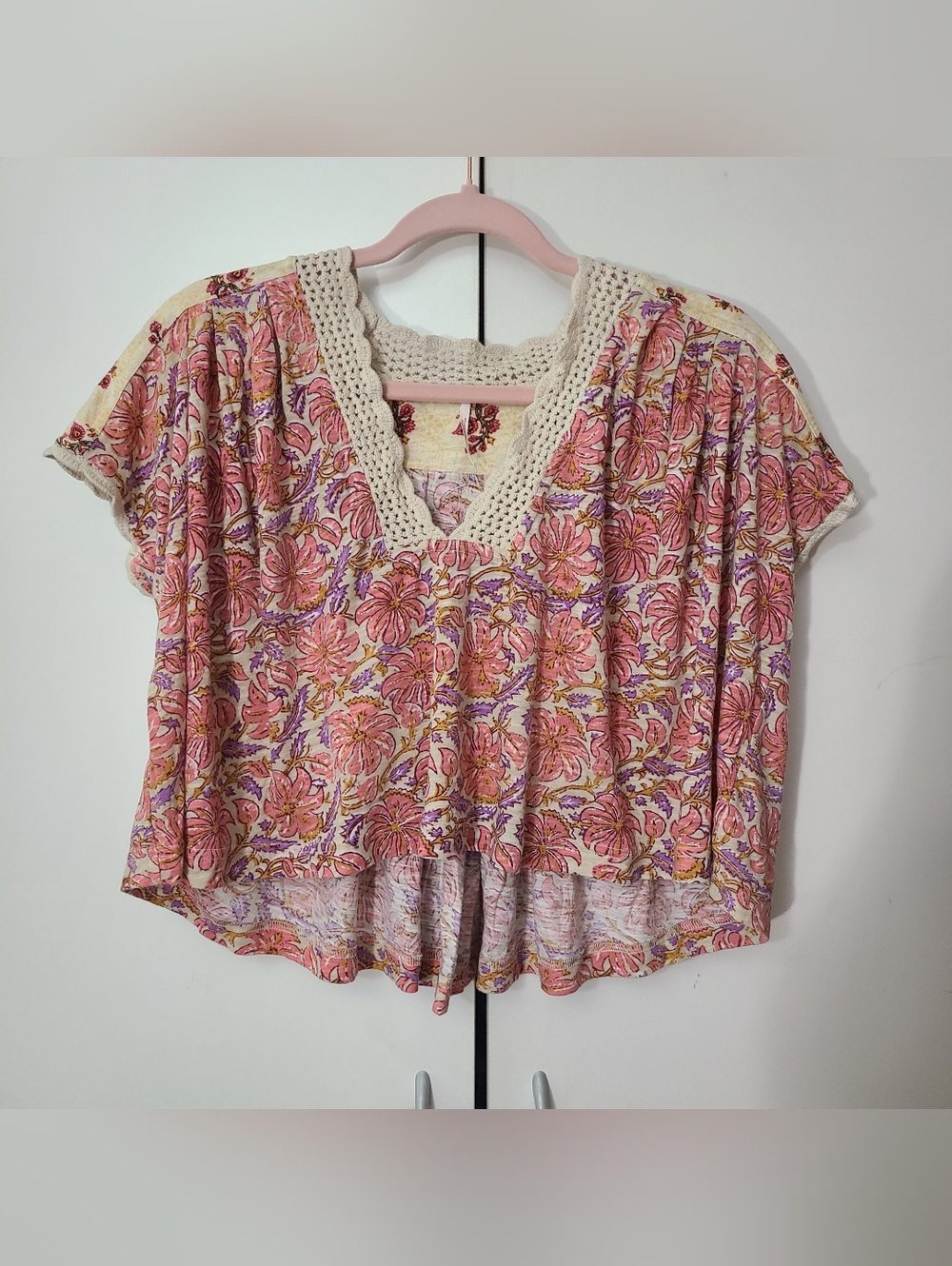 Free People Coral Pink Floral Crochet-Trim Tunic